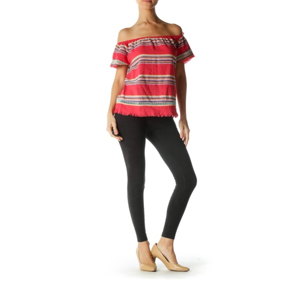 Anthro dRA Off Shoulder Striped Top with Boho Fringe Hem XS Preowned - Picture 7 of 10